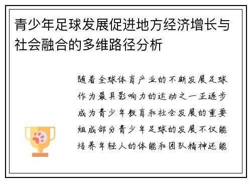 青少年足球发展促进地方经济增长与社会融合的多维路径分析 青少年足球发展促进地方经济增长与社会融合的多维路径分析