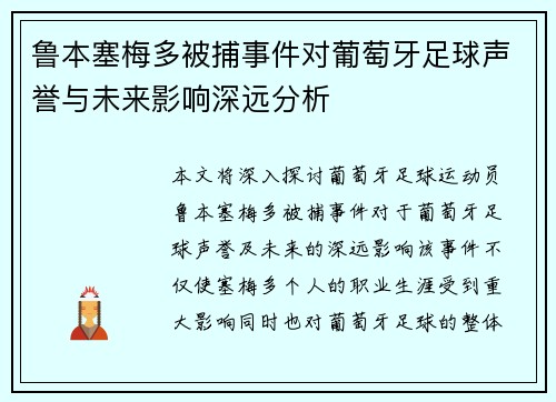鲁本塞梅多被捕事件对葡萄牙足球声誉与未来影响深远分析